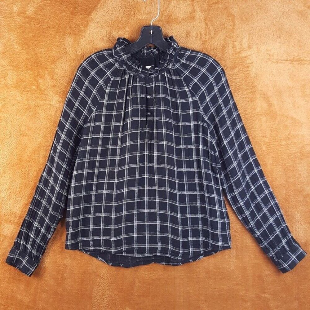 REBECCA TAYLOR Womens Top Small Black Check Ruffle 1/4 Button Raglan Sleeve